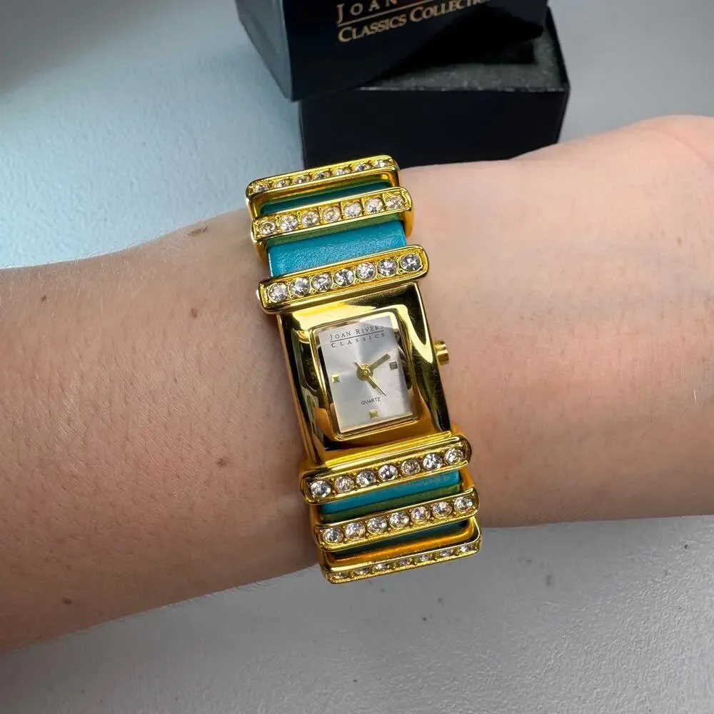 joan rivers classics turquoise leather crystal cuff watch gold tone quartz